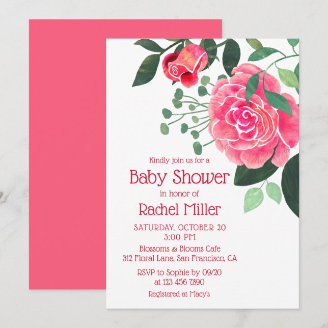 Rosa vattenfärg Blommig Baby Shower Inbjudningar (Fram/baksida)