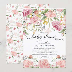 Rosa vattenfärg blommig baby shower inbjudningar