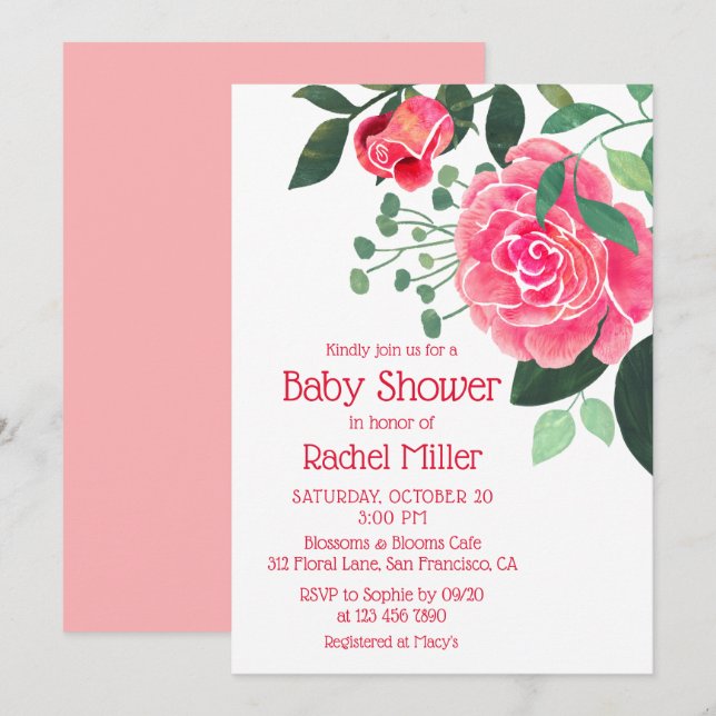 Rosa vattenfärg Blommig Baby Shower Inbjudningar (Fram/baksida)