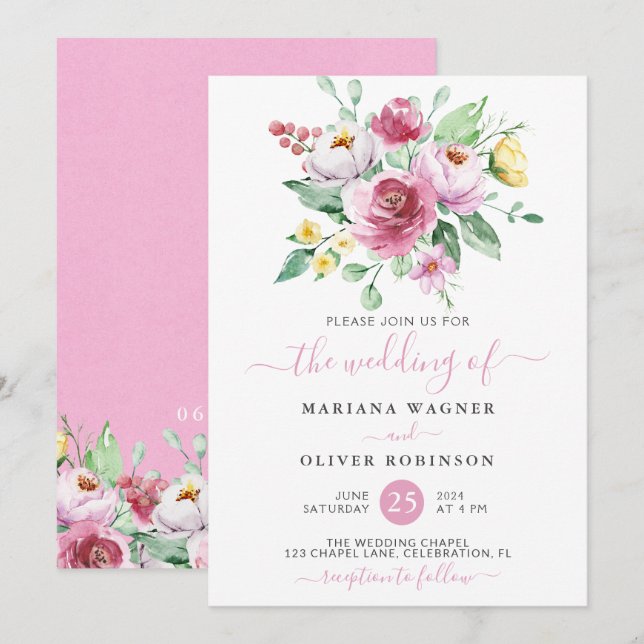 Rosa vattenfärg blommig bröllopsinbjudan inbjudningar (Fram/baksida)