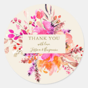 Rosa vattenfärg blommig bukett bröllopsnamn anpass runt klistermärke