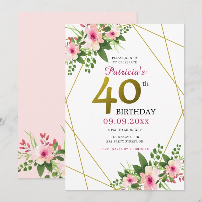Rosa vattenfärg blommig guld glitter 40-årsdag inbjudningar (Fram/baksida)