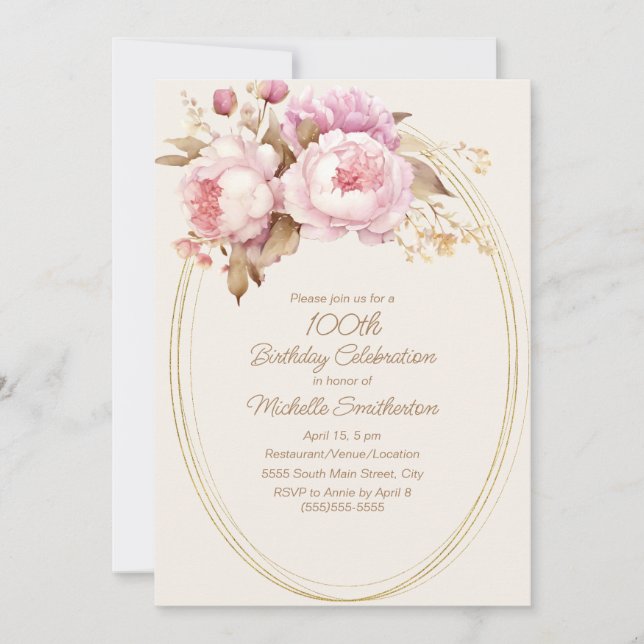 Rosa vattenfärg blommig guld ram 100-årsdag inbjudningar (Framsida)