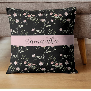 Rosa vattenfärg blommig Namn Svart Kudde