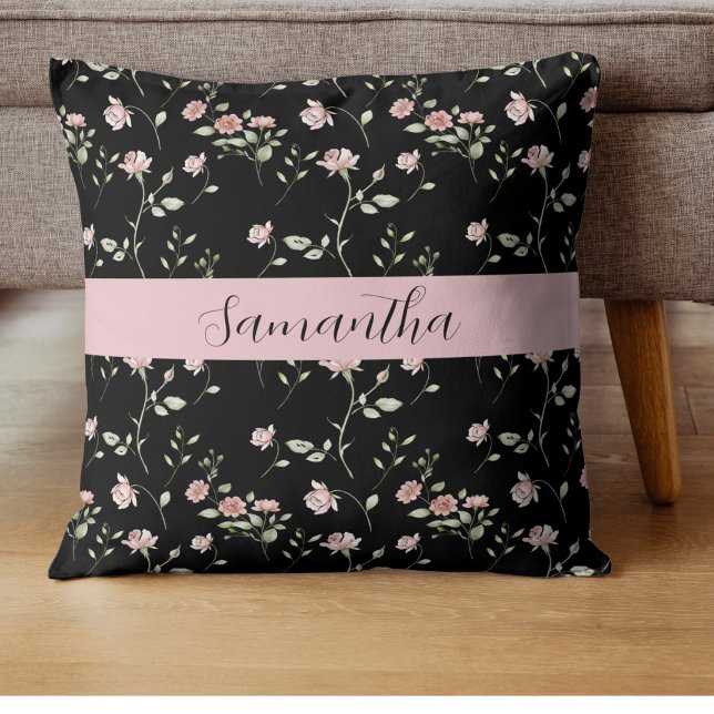Rosa vattenfärg blommig Namn Svart  Kudde (Skapare uppladdad)
