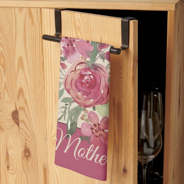 Rosa vattenfärg blommig pergament anpassningsbar  kökshandduk (Thirds Fold)