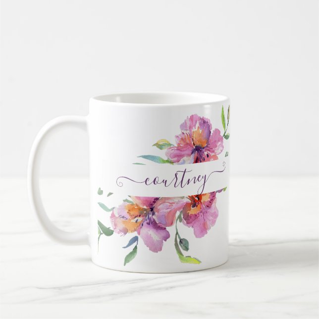 Rosa vattenfärg blommig personlig kaffemugg (Vänster)