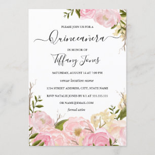 Rosa vattenfärg blommig Quinceanera inbjudan