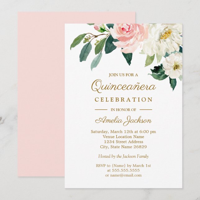 Rosa vattenfärg blommig Quinceanera Inbjudningar (Fram/baksida)