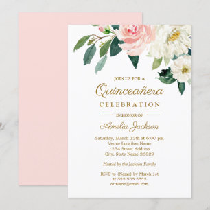 Rosa vattenfärg blommig Quinceanera Inbjudningar