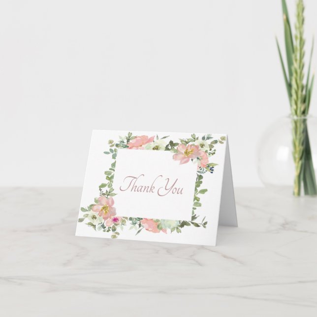 Rosa vattenfärg blommig ram tackkort kort (Framsida)