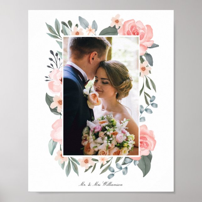 Rosa vattenfärg blommig ros & salvia grönska poster (Framsidan)