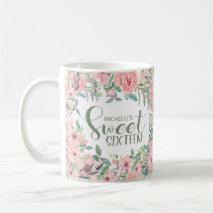 Rosa vattenfärg blommig Sweet 16 Kaffemugg