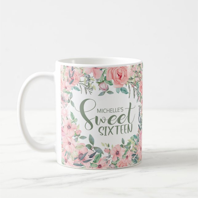 Rosa vattenfärg blommig Sweet 16 Kaffemugg (Vänster)
