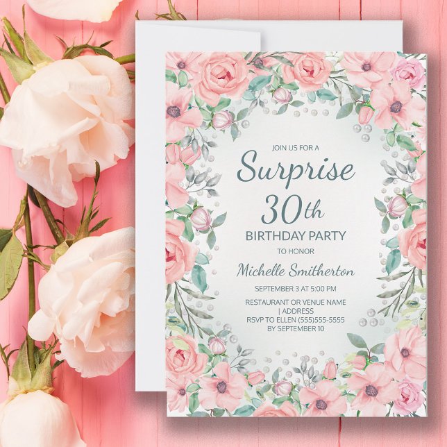 Rosa vattenfärg blommiga rosor pärlor 30-års födel (Blush pink floral surprise 30th birthday party invitation personalized with your text.)