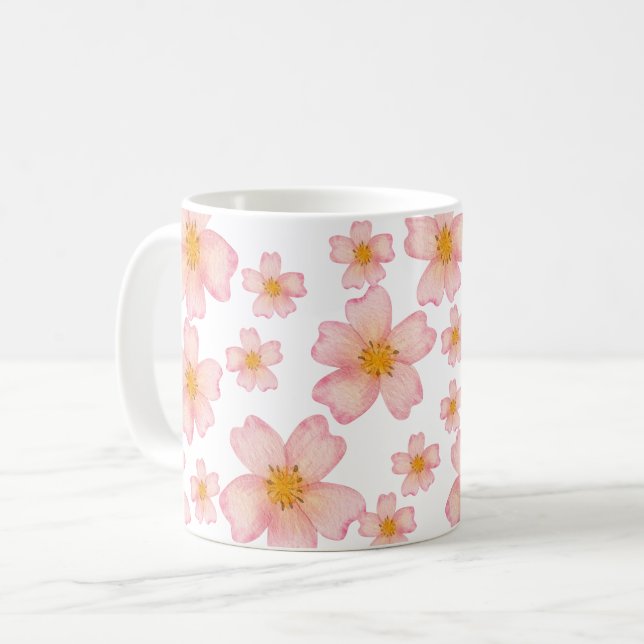 Rosa vattenfärg blommönster kaffemugg (Framsida vänster)