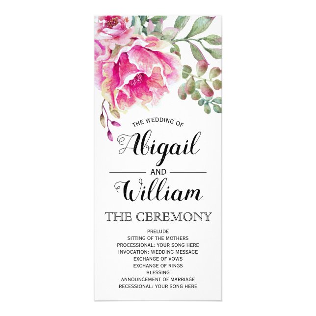 Rosa vattenfärg blommor blommande bröllopsprogram reklamkort (Framsidan)