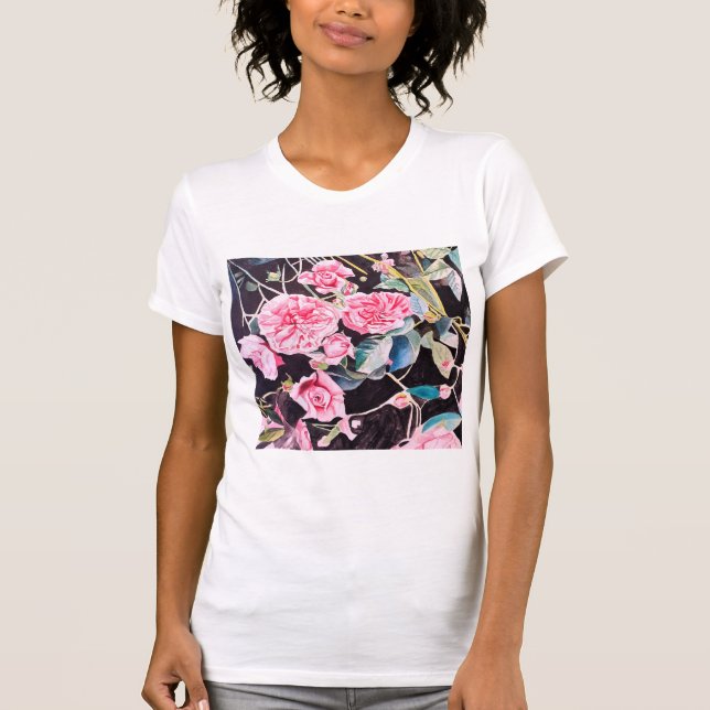 Rosa vattenfärg blommor blomster målning t shirt (Framsida)