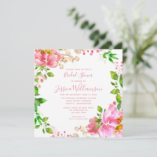 Rosa vattenfärg blommor bröllopsdusch  inbjudningar (Stående Fram)