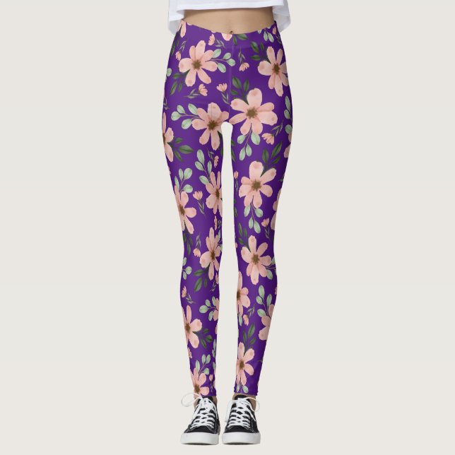 rosa vattenfärg blommor mönster leggings (Framsida)