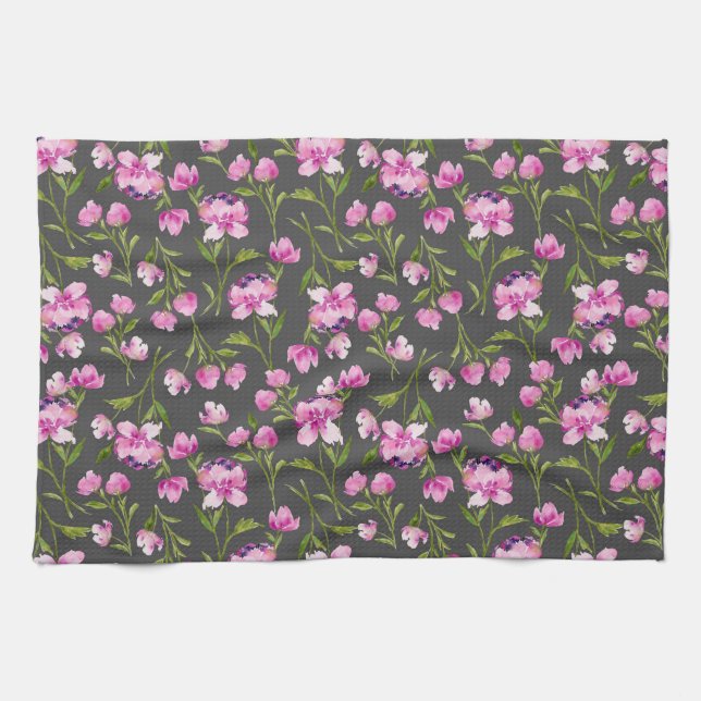 Rosa vattenfärg blommor på grå kökshandduk (Horisontell)