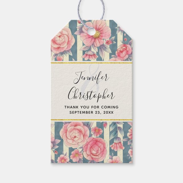 Rosa vattenfärg blommor på randig bröllop presentetikett (Framsidan)