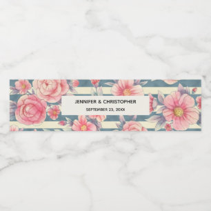 Rosa vattenfärg blommor på randigt bröllop vattenflaskor etikett