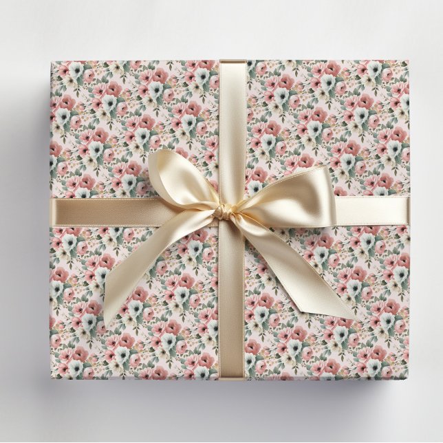 Rosa Vattenfärg Blommor Presentpapper (Elegant pink and white watercolor floral wrapping paper)