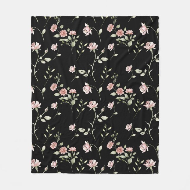 Rosa vattenfärg blommor svart fleecefilt (Framsidan)