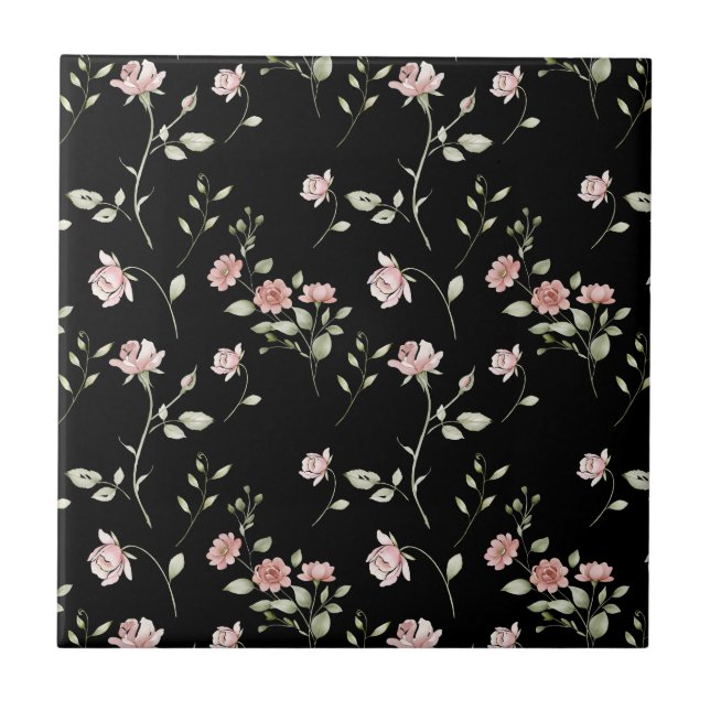 Rosa vattenfärg blommor svart kakelplatta (Framsidan)