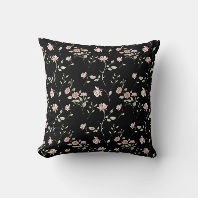 Rosa vattenfärg blommor svart  kudde (Framsida)