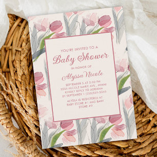 Rosa vattenfärg blommor tulpaner baby shower inbjudningar