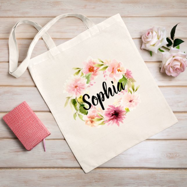 Rosa Vattenfärg Blommor Utandning Namn Tygkasse (Skapare uppladdad)