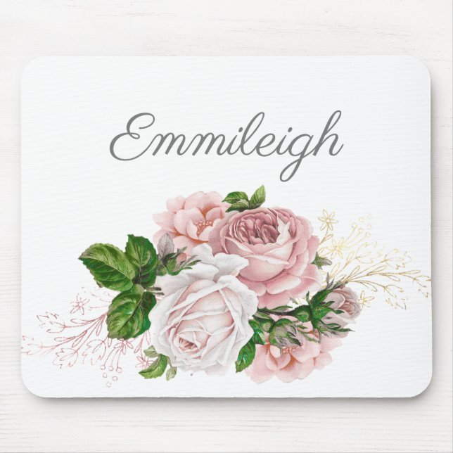 Rosa vattenfärg blommor vit script musmatta (Framsidan)