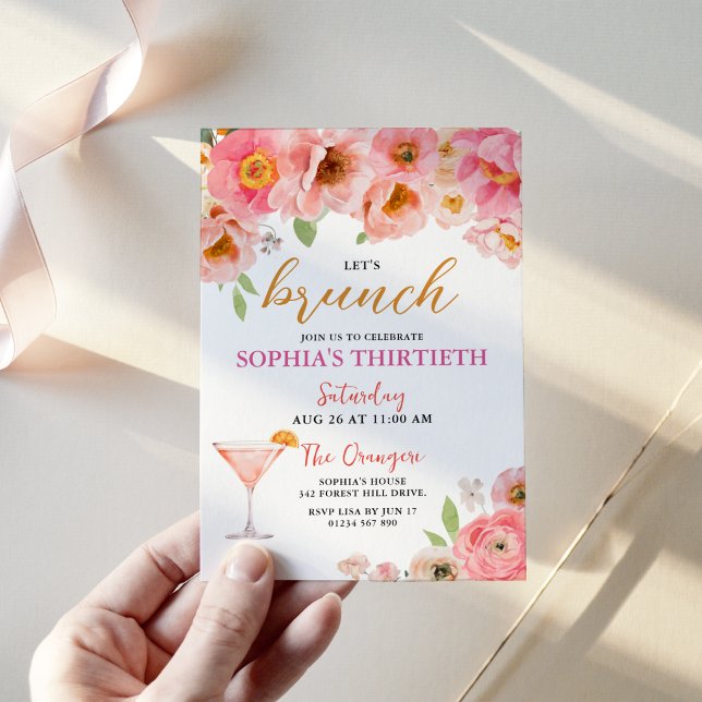 Rosa vattenfärg blomster cocktail födelsedagsbrunc inbjudningar (Pink Watercolor Floral Cocktail Birthday Brunch Invitation)