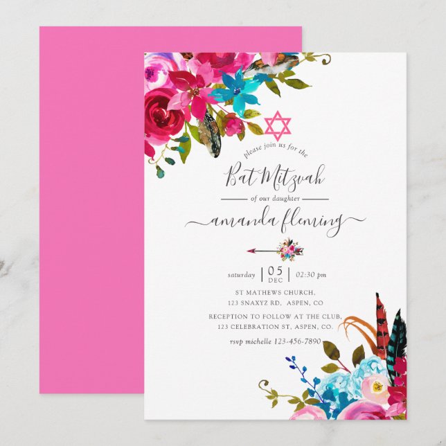 Rosa vattenfärg Boho Chic Blommig Bat Mitzvah Inbjudningar (Fram/baksida)