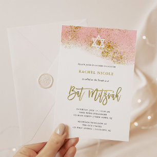 Rosa vattenfärg Faux Guld Bat mitzvah Inbjudningar