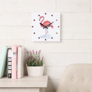 Rosa vattenfärg Flamingo . Fyrkantig Klocka