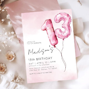 Rosa vattenfärg folieballong 13-årsdag inbjudningar
