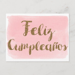 Rosa vattenfärg Guld glitter Feliz Cumpleanos Vykort