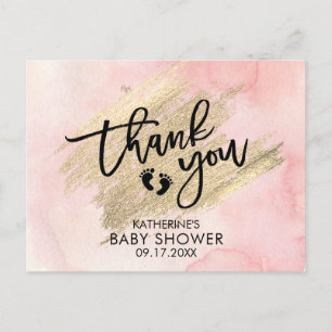 Rosa vattenfärg guld penseldrag baby shower vykort