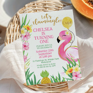 Rosa Vattenfärg Låt oss Flamingle 1:a födelsedag Inbjudningar