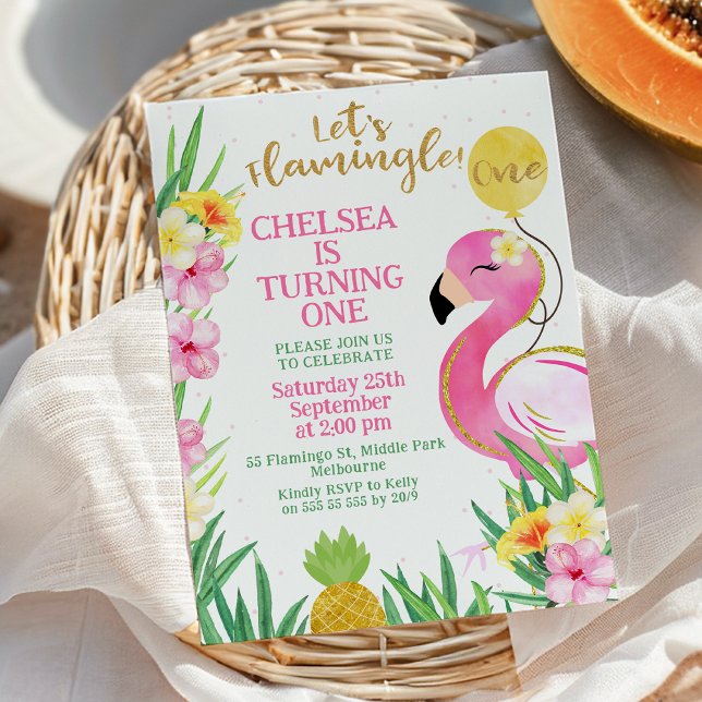 Rosa Vattenfärg Låt oss Flamingle 1:a födelsedag Inbjudningar (Let's Flamingle 1st Birthday Invitation, Pink Flamingo Birthday Invitation Editable, Flamingo Themed)