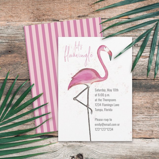 Rosa Vattenfärg Låt oss Flamingle Cute Flamingo Inbjudningar (Skapare uppladdad)