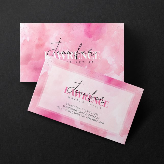 Rosa vattenfärg Makeup Artist Script Typografi Visitkort (Skapare uppladdad)