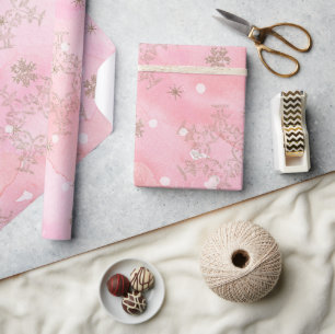 Rosa vattenfärg med gyllene glitter snöflingor presentpapper