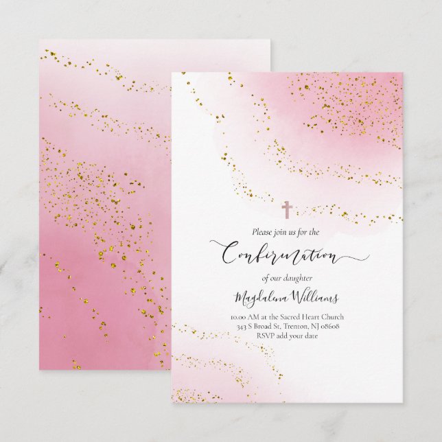 rosa vattenfärg och FAUX glitter-bekräftelse Inbjudningar (Fram/baksida)