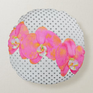 Rosa vattenfärg Orchid-målning, polka dots Rund Kudde