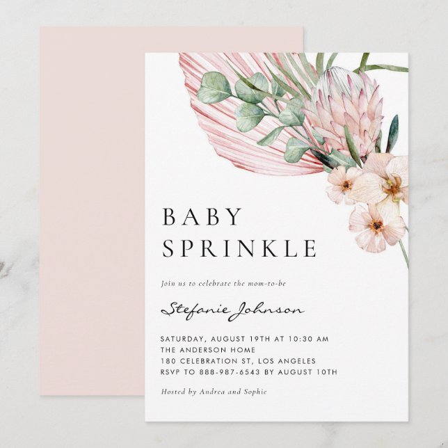 Rosa vattenfärg protea tropisk baby sprinkle inbjudningar (Fram/baksida)