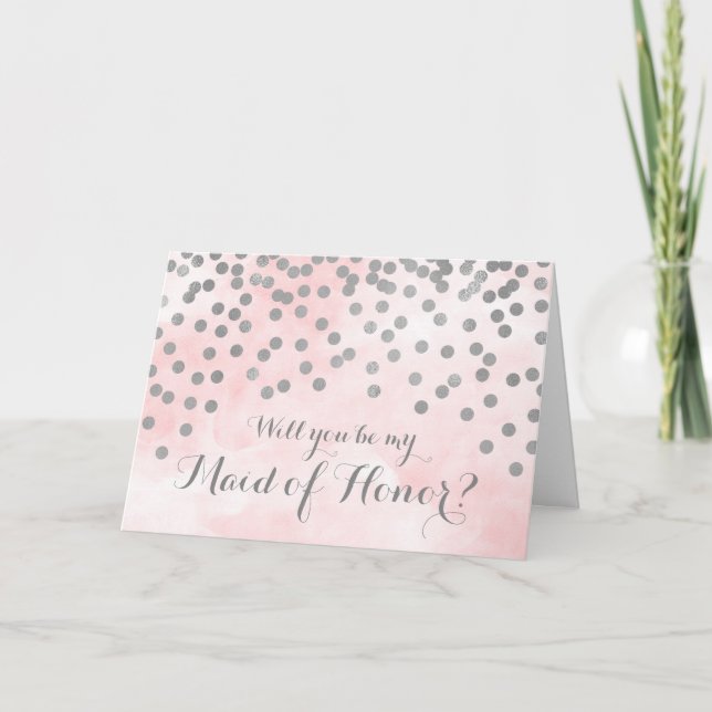 Rosa vattenfärg silverprickar brudtjänsteflicka in inbjudan (Framsida)